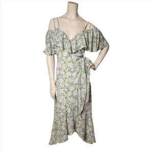 Lulu's Off-Shoulder Floral Maxi Dress Women's XS Green Ruffle Spring Romantic